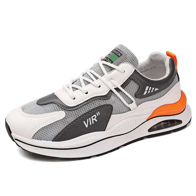 Men's grey and black breathable mesh casual running shoes with a round toe and EVA sole
