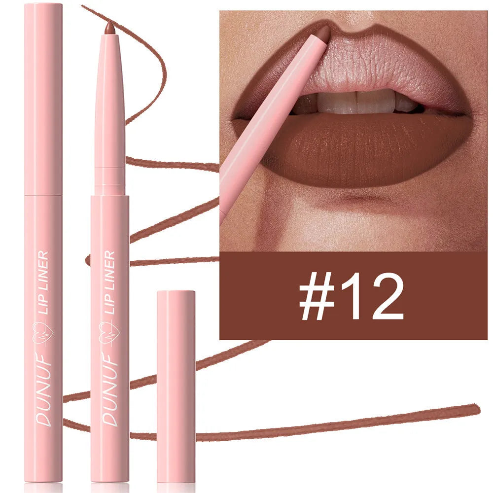 A Velvet Matte Lip Liner pencil shown alongside swatches of its twelve available colour shades.