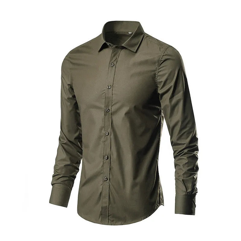 Man wearing a long-sleeve linen shirt in a slim loose fit, available in multiple colours.