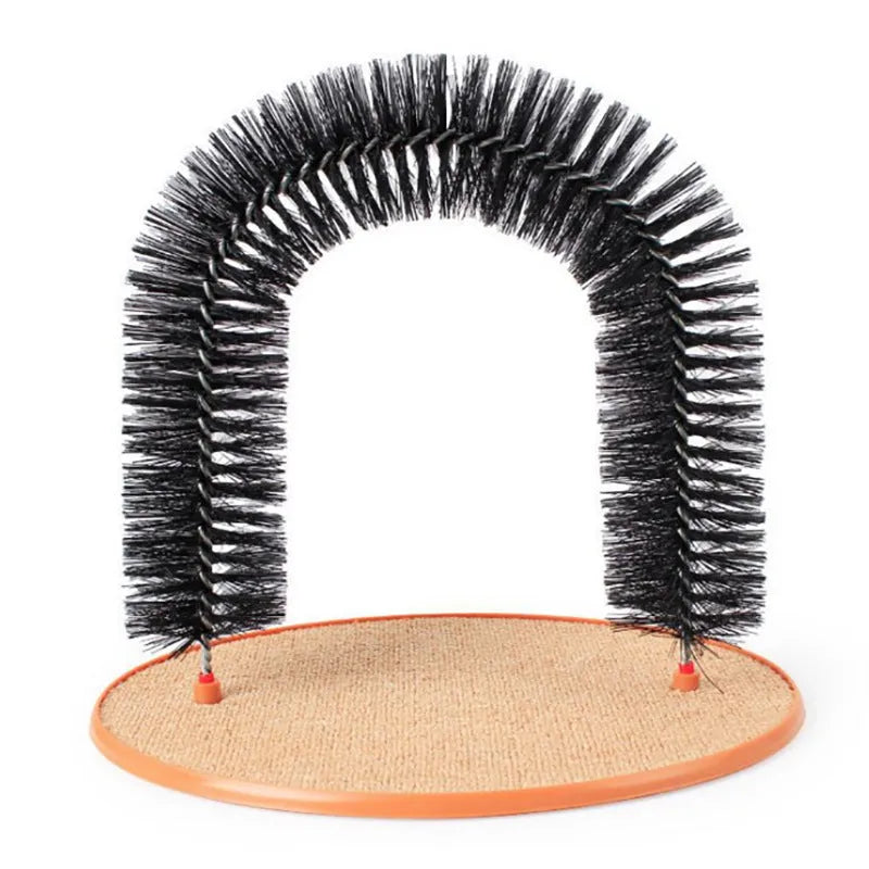 Arched plastic cat grooming station with built-in brush for scratching and rubbing