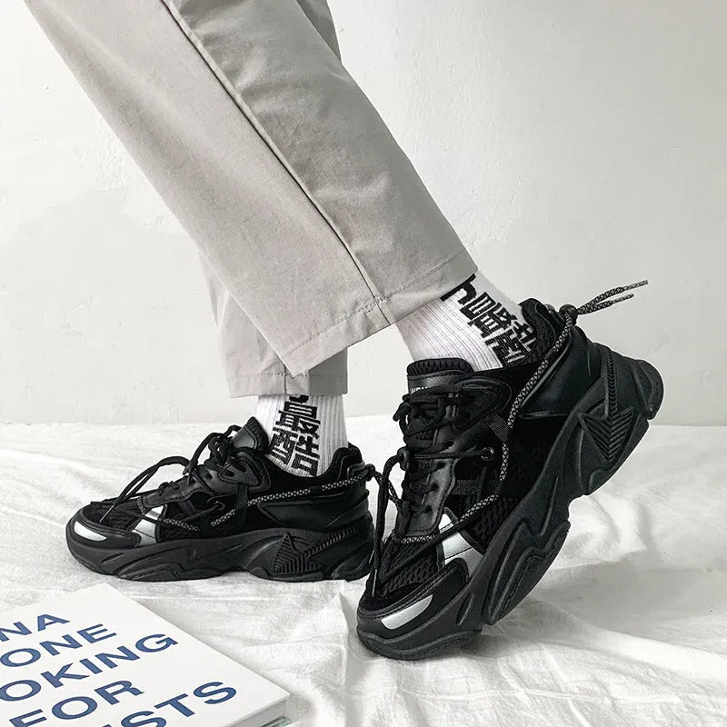 Men's white Korean style platform sneakers with lace-up front on a neutral background.