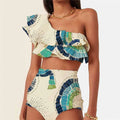 White women's one-shoulder swimsuit with lotus leaf design and double-layer construction