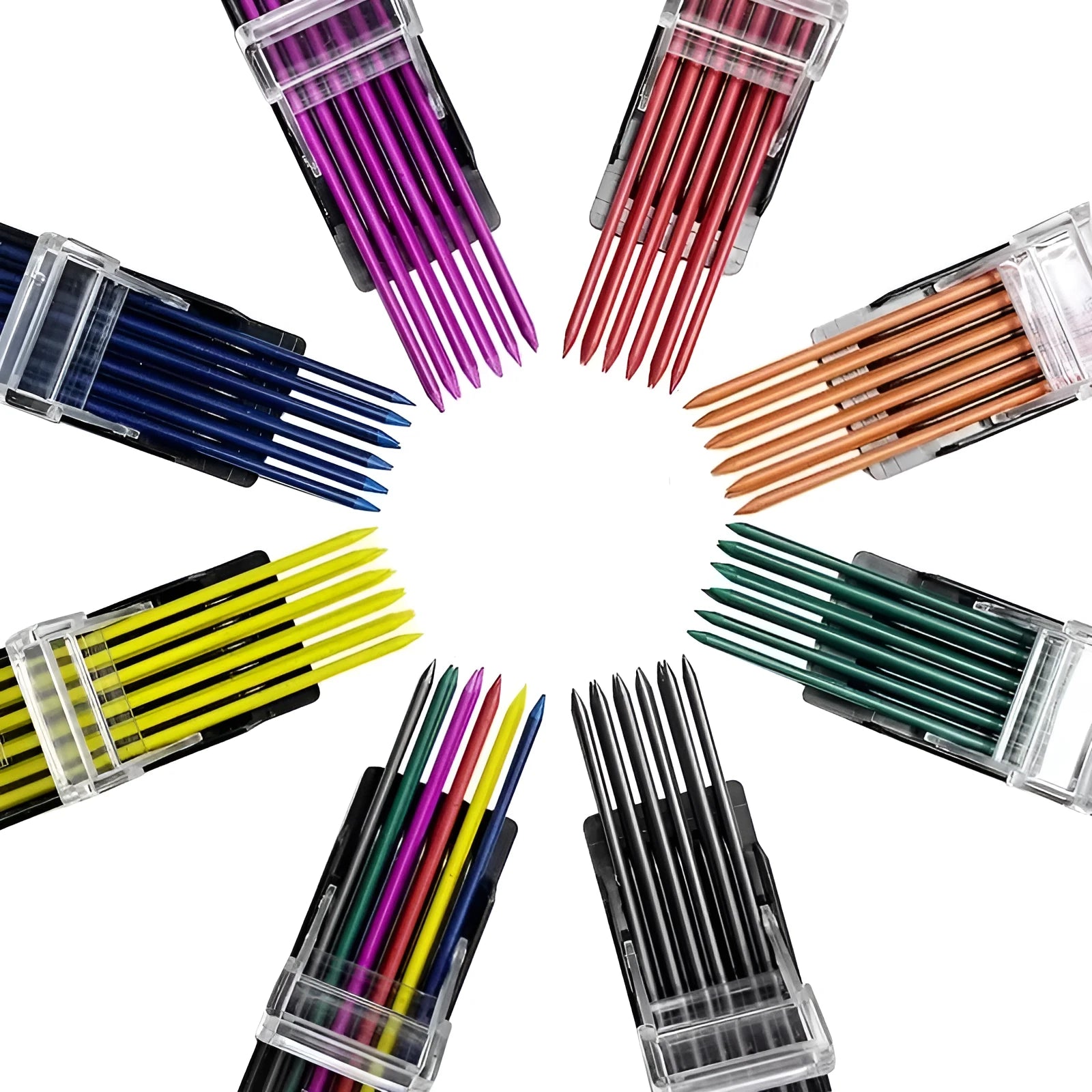 Box containing 12 rainbow-coloured mechanical pencil refill leads for drawing and painting.
