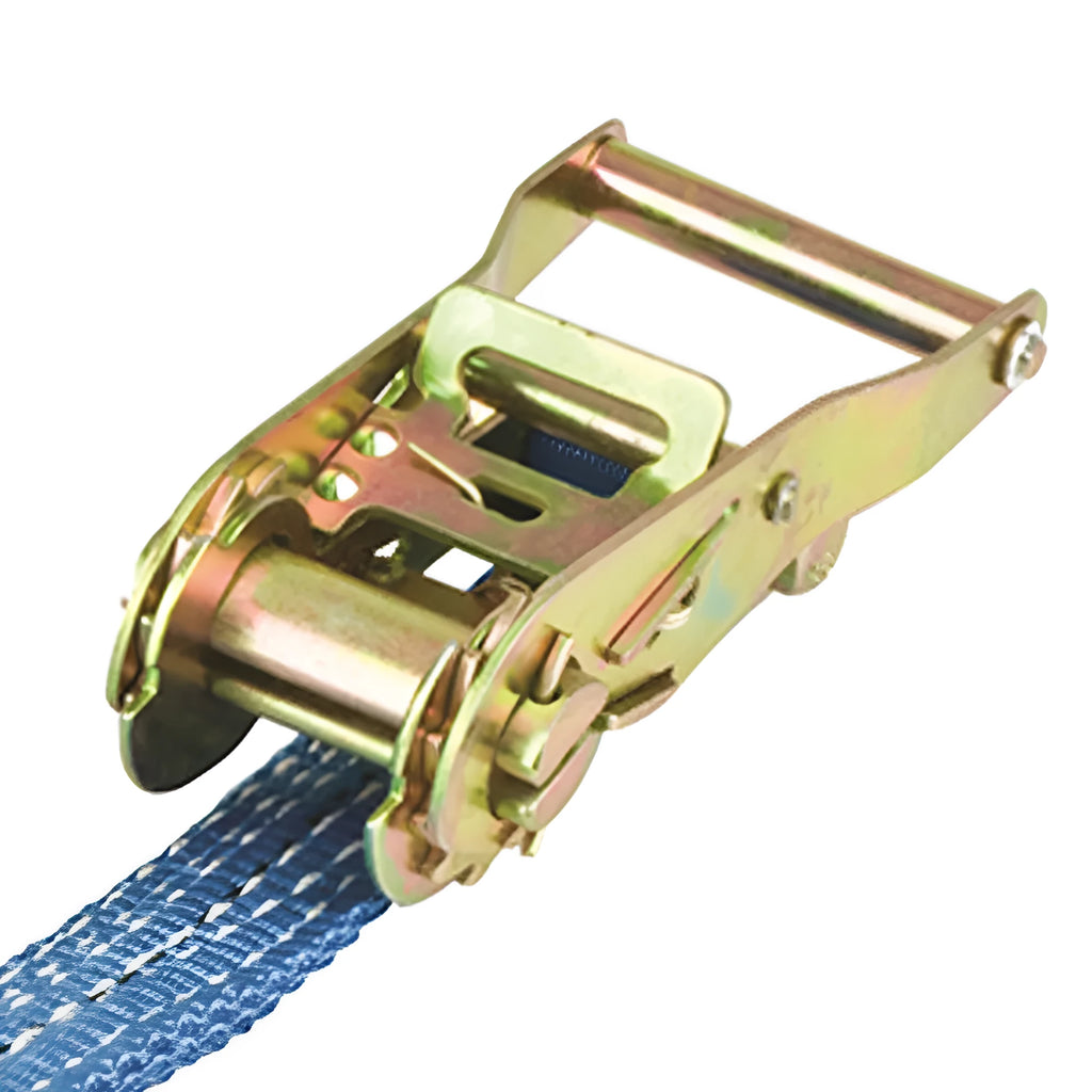 Steel ratchet tensioner fastening strap with double hooks and 1-inch wide grey polyester webbing.