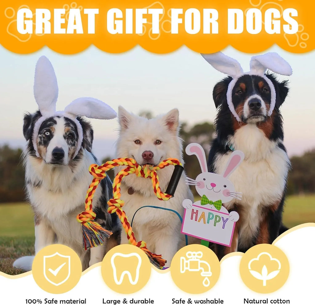 Blue and yellow heavy cotton rope dog toy with non-slip handles for large breed tug-of-war.