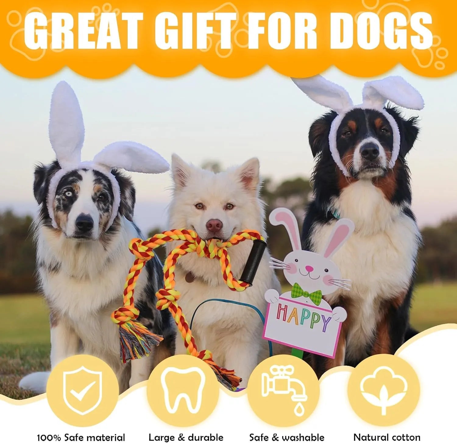 Blue and yellow heavy cotton rope dog toy with non-slip handles for large breed tug-of-war.
