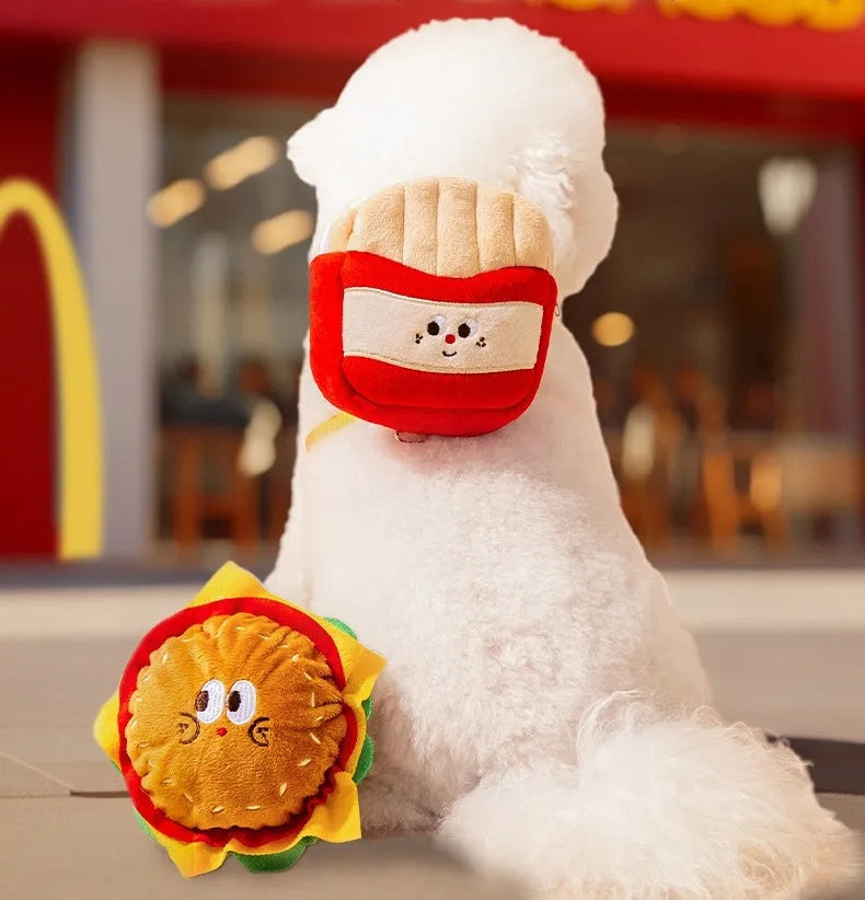 Cartoon hamburger print adjustable vest leash harness for a dog, connected to a walking rope.