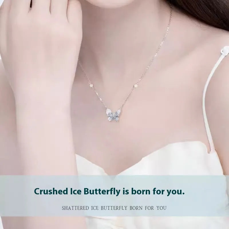 S925 silver necklace with crystalline ice rain butterfly pendant on an adjustable O-ring chain.