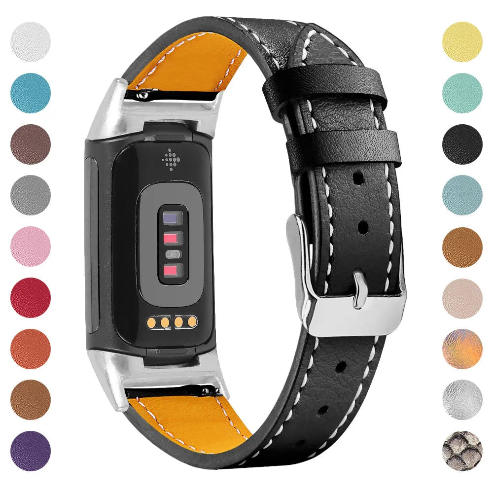 Genuine leather strap for Fitbit Charge 5 and Charge 6 smartwatch in multiple colour options.