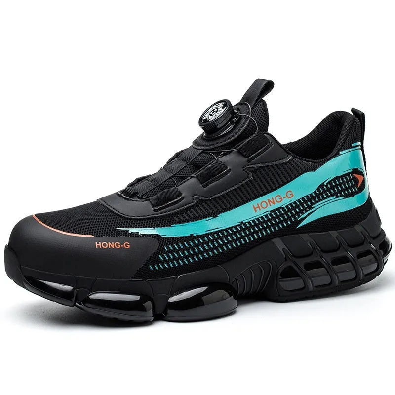 Low-top black safety work shoes with laces, a steel toe cap, and an anti-puncture sole.