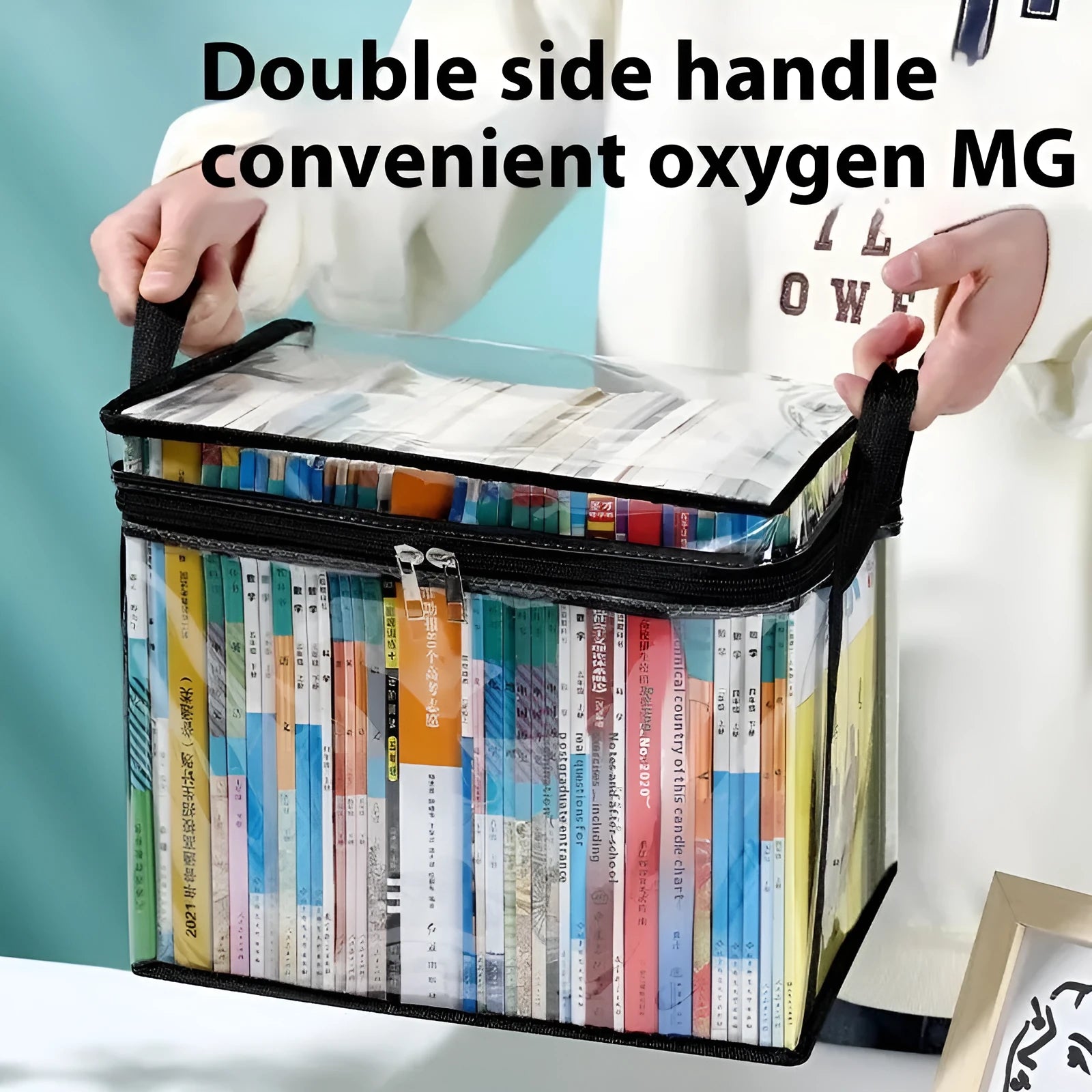 Large white foldable PVC storage bag with a transparent panel, shown next to magazines.