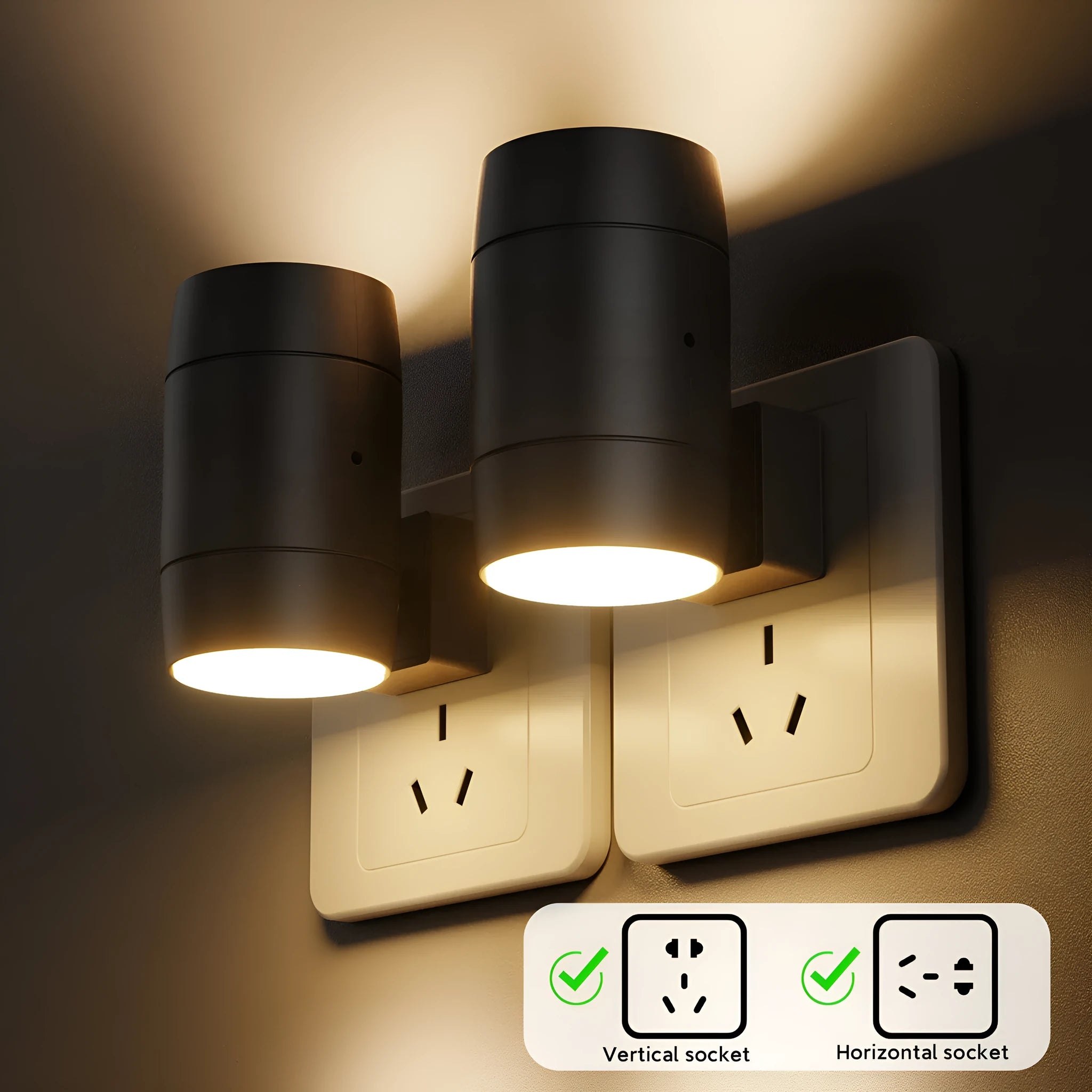 Small adjustable brightness night lamp with rotatable direct plug showing warm light illumination