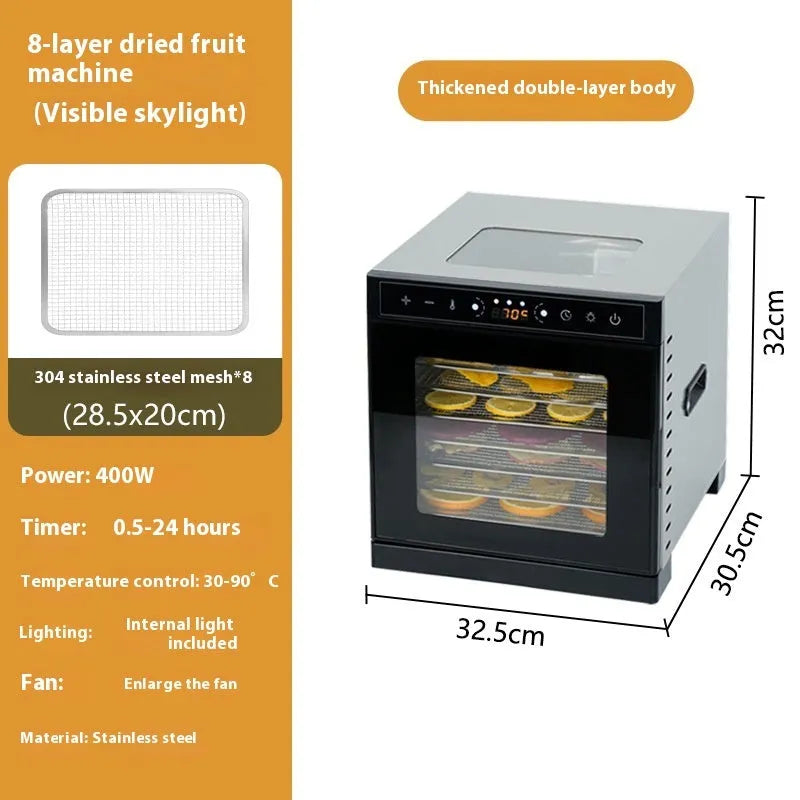 Stainless steel fruit dehydrator with 6 or 8 layers and LED panel for drying food