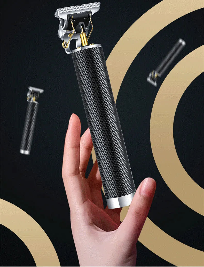 Black rechargeable electric hair clipper with four comb attachments and a cleaning brush on a table.