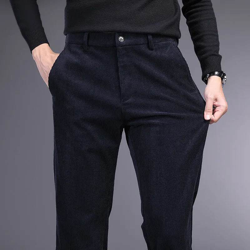 British retro striped straight leg trousers in chemical fibre blend fabric shown in khaki colour
