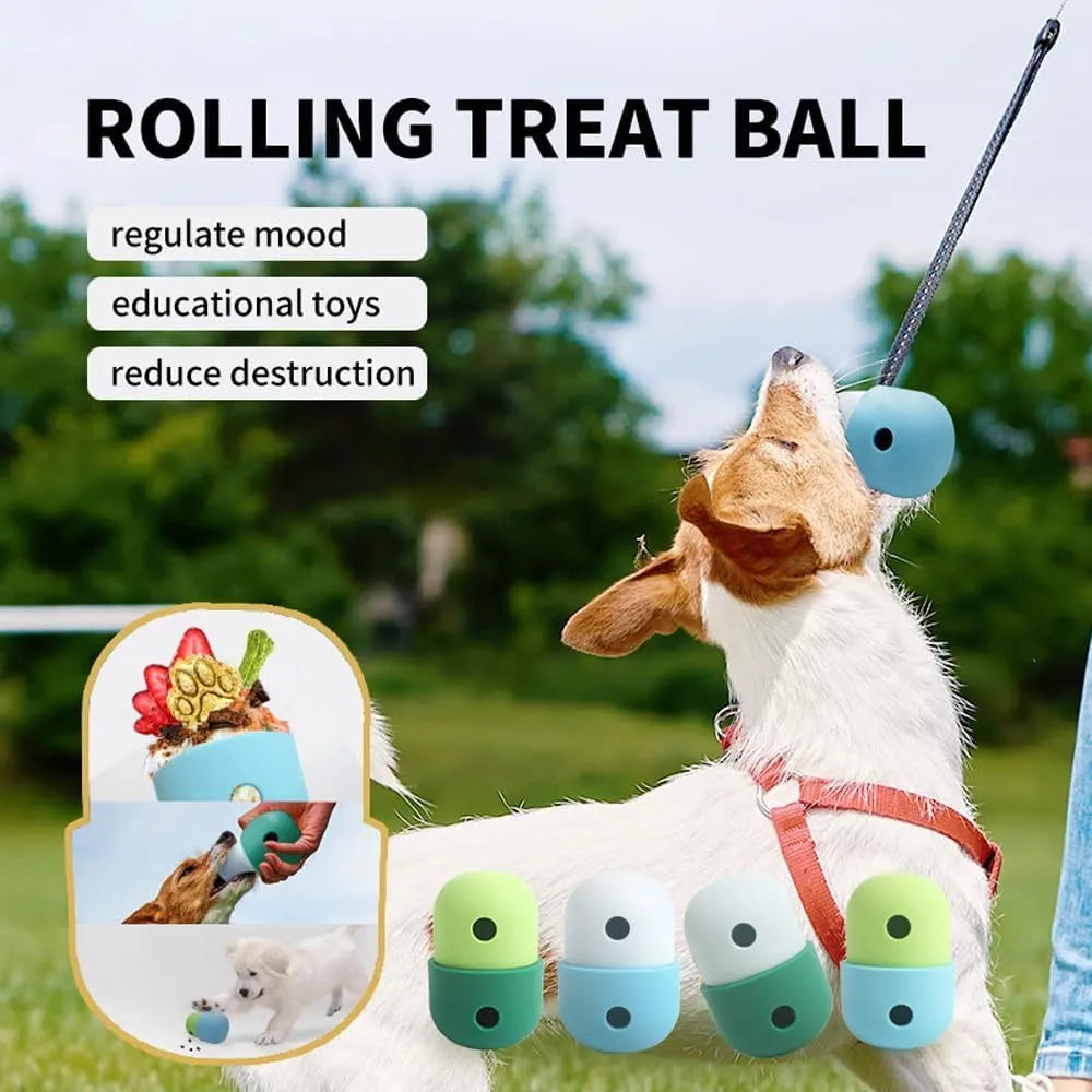 Colourful silicone dog treat puzzle ball shown in blue, green, and yellow, next to dog treats.