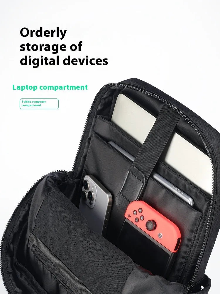 Black Oxford cloth computer backpack showing main compartment and 20-35L capacity.