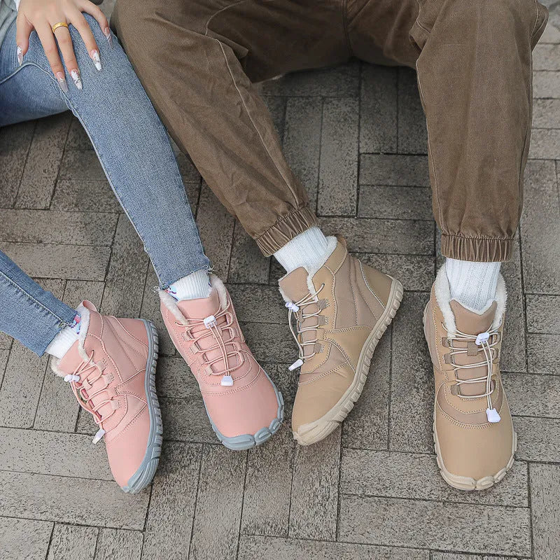 Waterproof unisex snow boots with fleece lining and non-slip rubber soles in black, pink, or khaki.