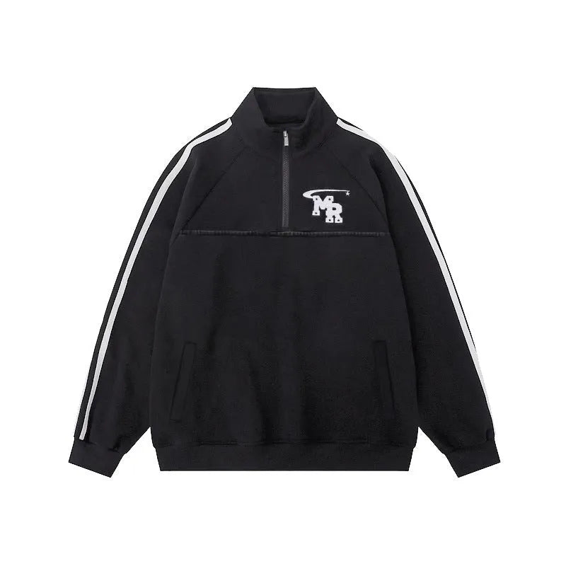 Black Hong Kong style stand collar sports hoodie with long sleeves