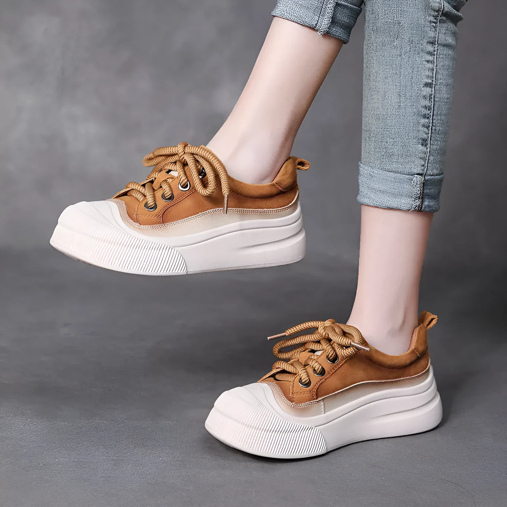 Women's yellow full grain cow leather lace-up casual shoes with round toe and rubber sole