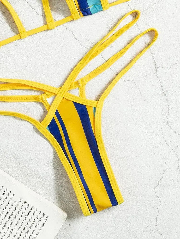 Yellow women's split swimsuit with neck-hanging hollow design and high-waist backless styling