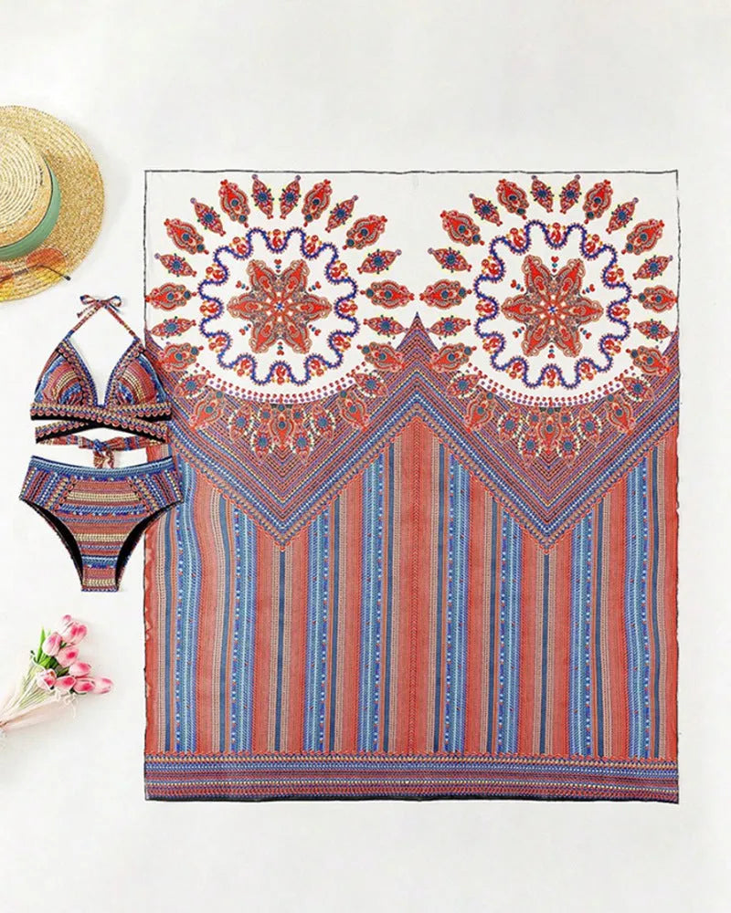 Women's three-piece swimsuit set showing high-waist bikini bottoms, cutout blouse top, and matching cover-up coat