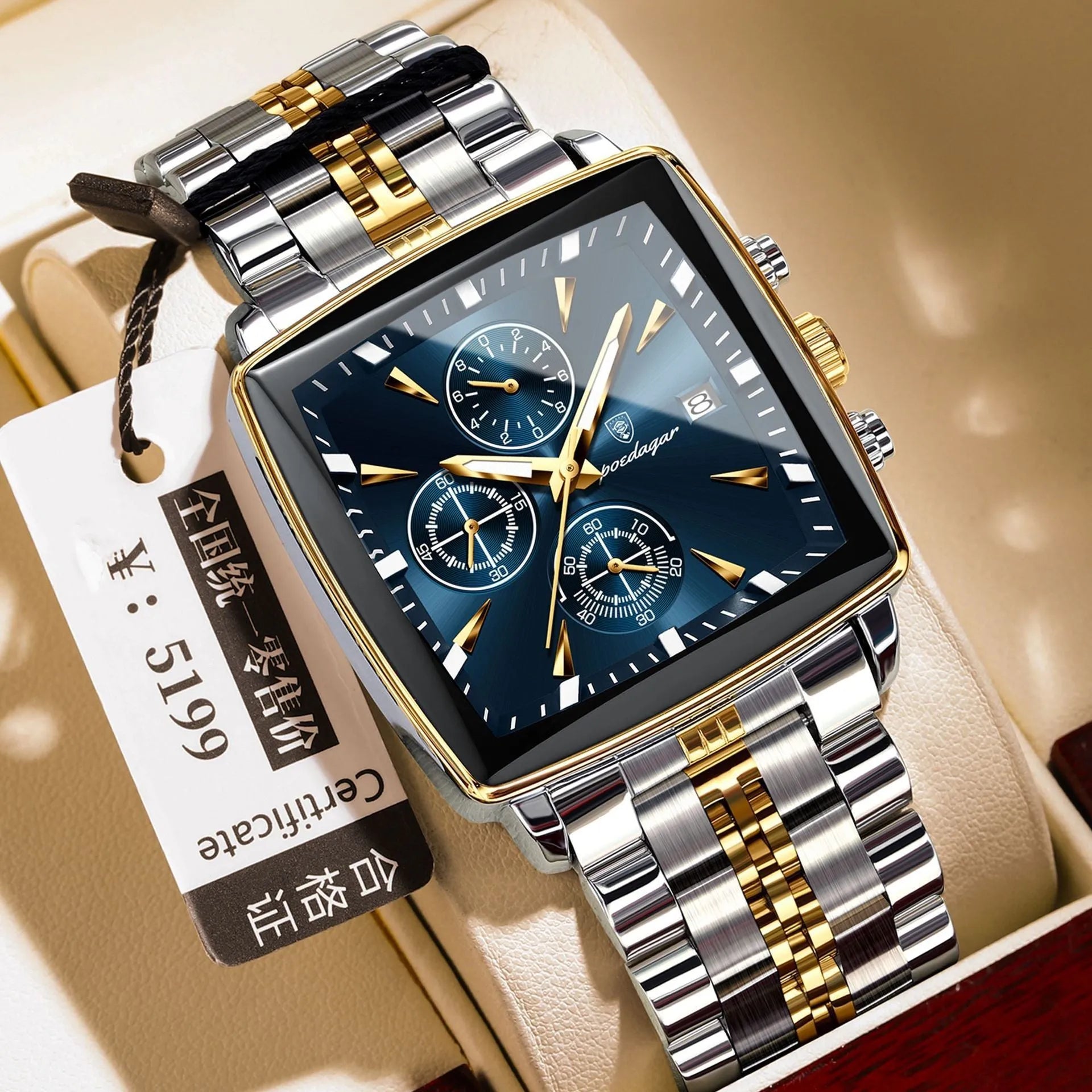 Square faced men's business watch with stainless steel strap in one of ten colour options.