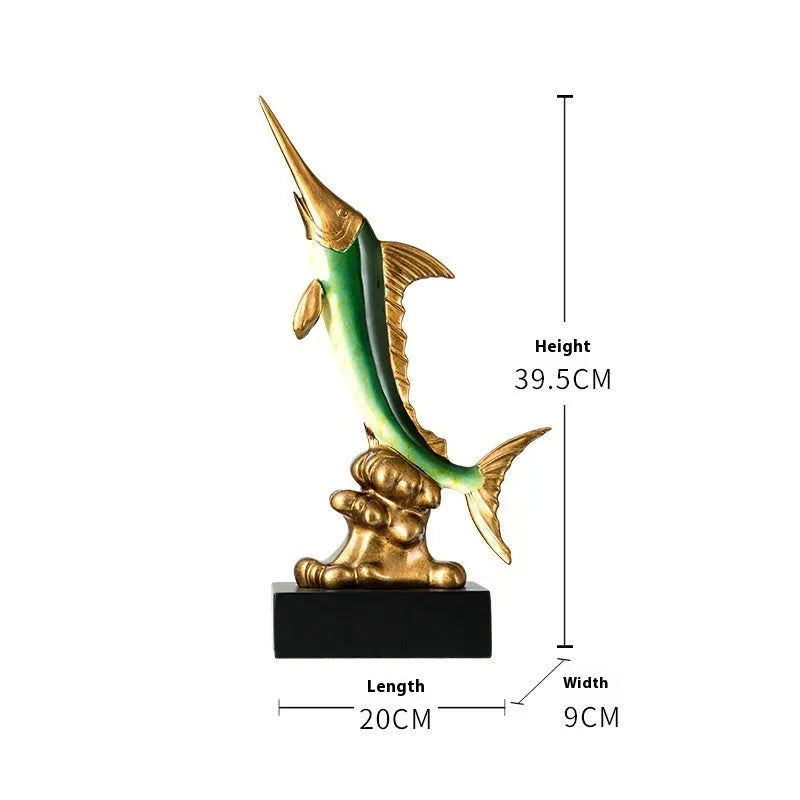 A European-style swordfish sculpture decoration in resin, shown in one of four colour options.