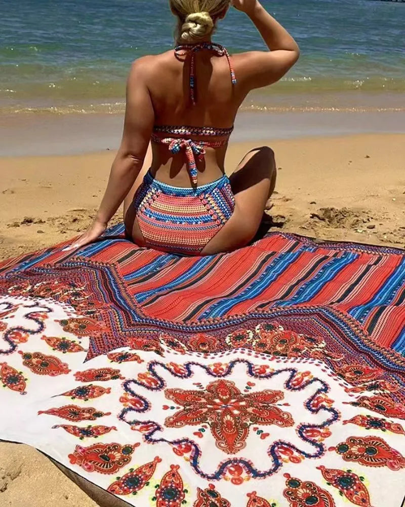Women's three-piece swimsuit set showing high-waist bikini bottoms, cutout blouse top, and matching cover-up coat