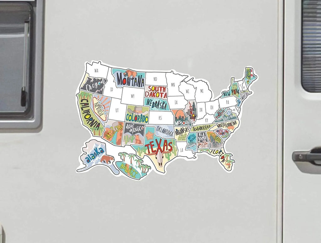 Travel destination map car sticker set showing two style options and a white background sticker.