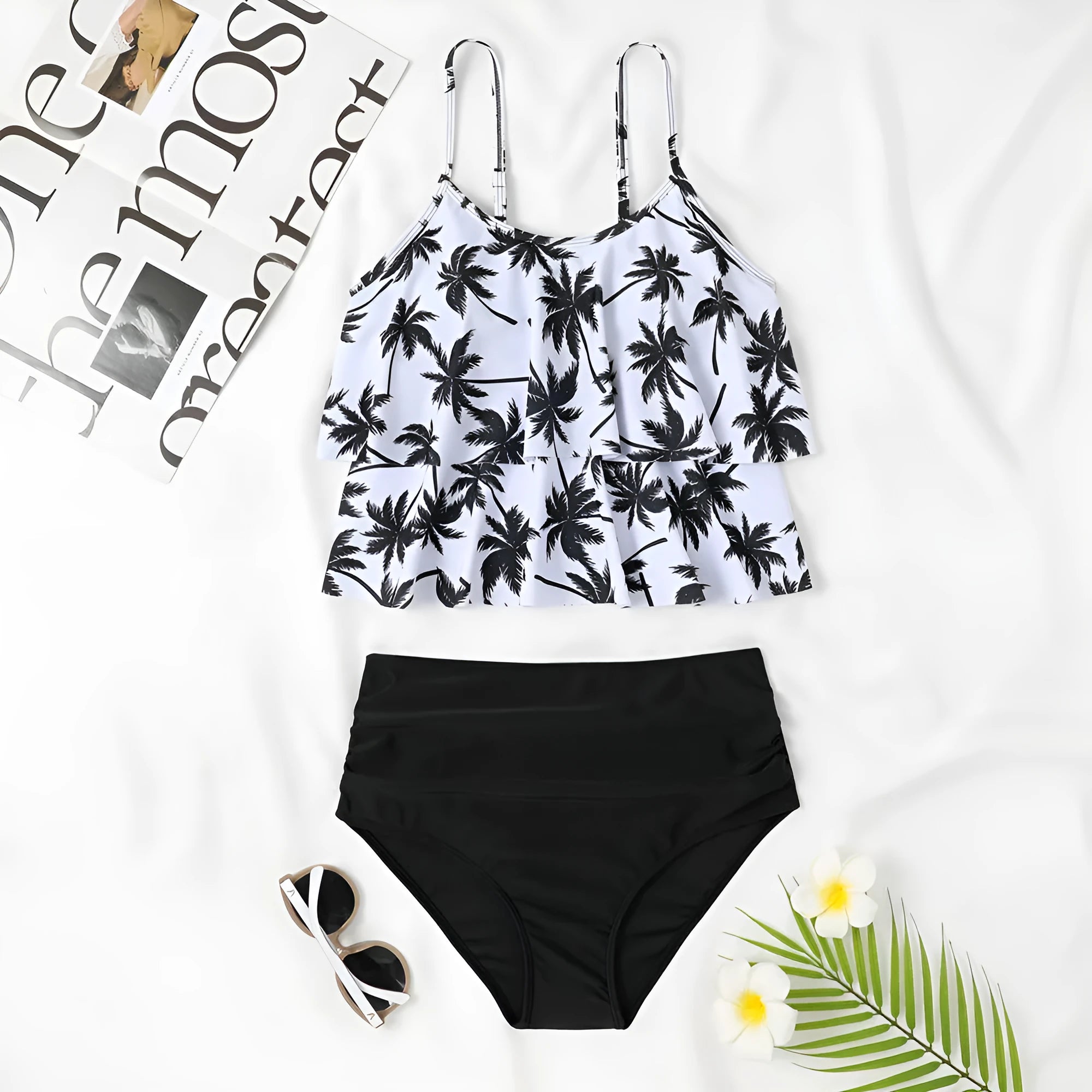 Women's high waist double-layer swimsuit in black and coconut tree print designs