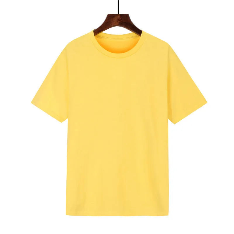 Men's loose fit cotton t-shirt in black, shown on a hanger. Other colour options include blue, white, red, orange, purple, and yellow.
