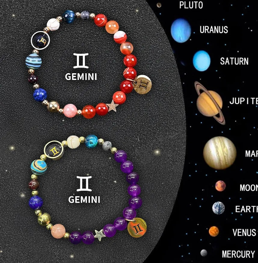 Set of two natural stone beaded bracelets featuring zodiac sign designs on an adjustable band.