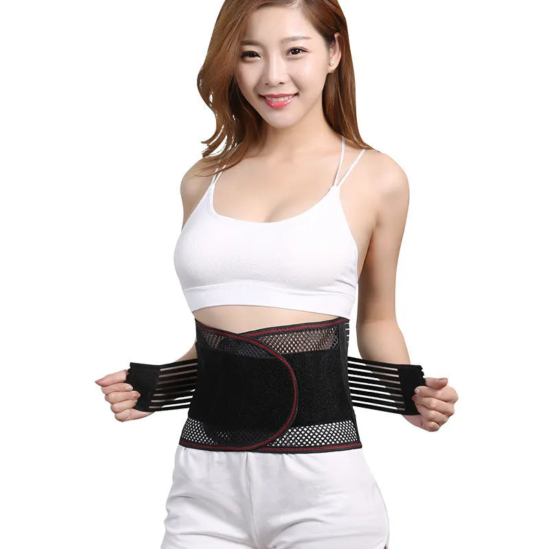 Black decompression sports waist support belt with steel plate insert shown on a model, sizes S to 2XL.