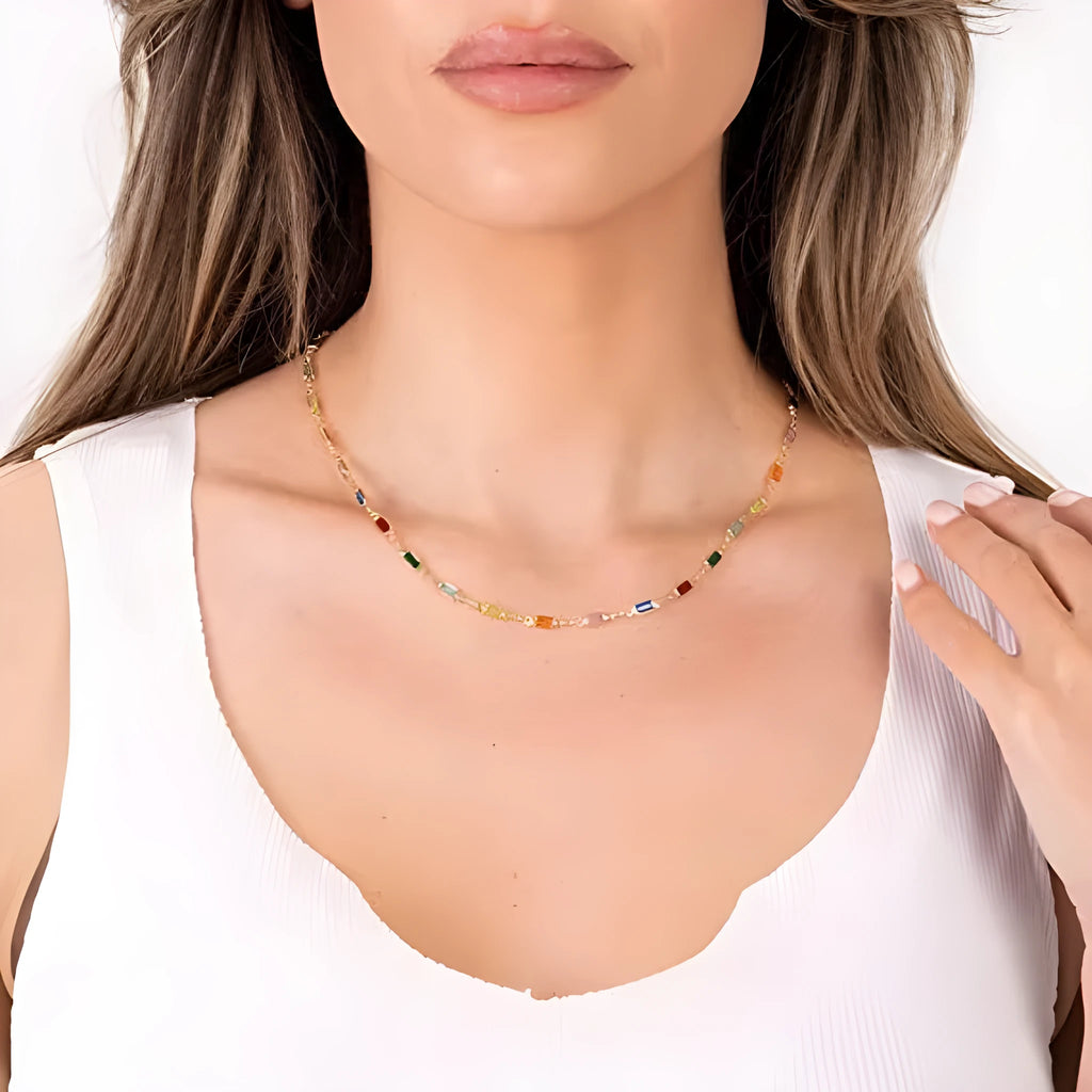 Geometric crystal pendant necklace on an adjustable alloy chain for women.