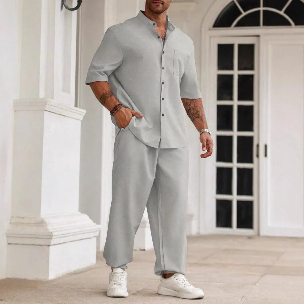 Men's casual cotton linen short-sleeved shirt and trousers set in apricot colour