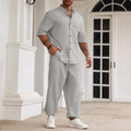 Men's casual cotton linen short-sleeved shirt and trousers set in apricot colour
