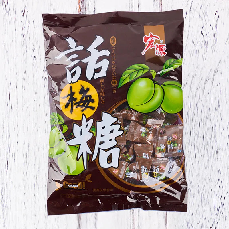 Three bags of Asian fruit hard candies: guava, plum sugar, and tangerine peel flavours