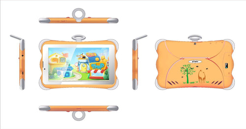 A 7-inch children's learning tablet in a cartoon colour, shown with its stand, on a table.