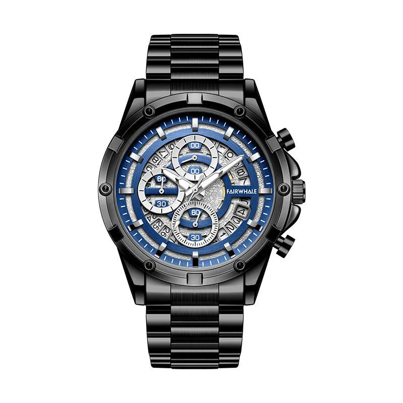 Men's waterproof luminous quartz watch with stainless steel bracelet in black, gold, or silver colour options