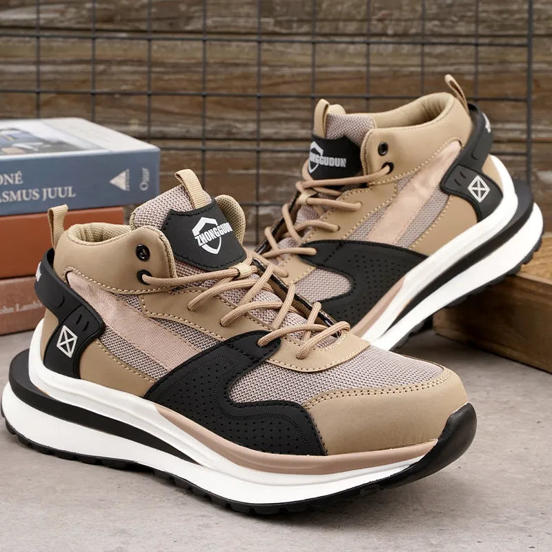 Steel toe cap safety work shoes with lace-up front and flat knitted uppers in black, brown, and grey