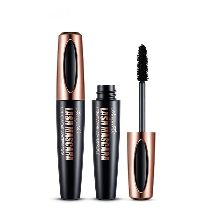 Black waterproof mascara tube for thick, long, curled lashes, shown with colour box and opp bag packaging.