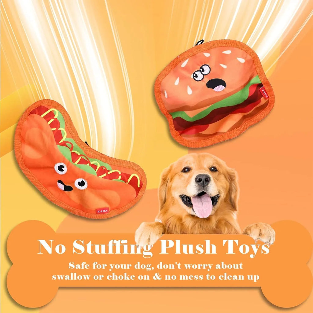 Food shaped dog chew toys with crinkle and squeak sounds including hamburger, pizza, hot dog and fries designs