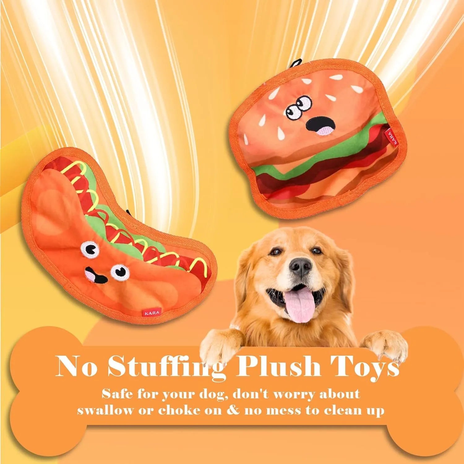 Food shaped dog chew toys with crinkle and squeak sounds including hamburger, pizza, hot dog and fries designs