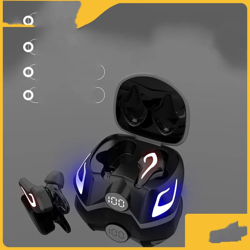 Wireless Bluetooth 5.0 gaming earbuds with battery display in black grey and yellow colours