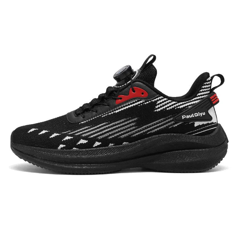 Men's rotating buckle Fly-kit mesh running shoes in black, grey, or white/green colours with flat sole