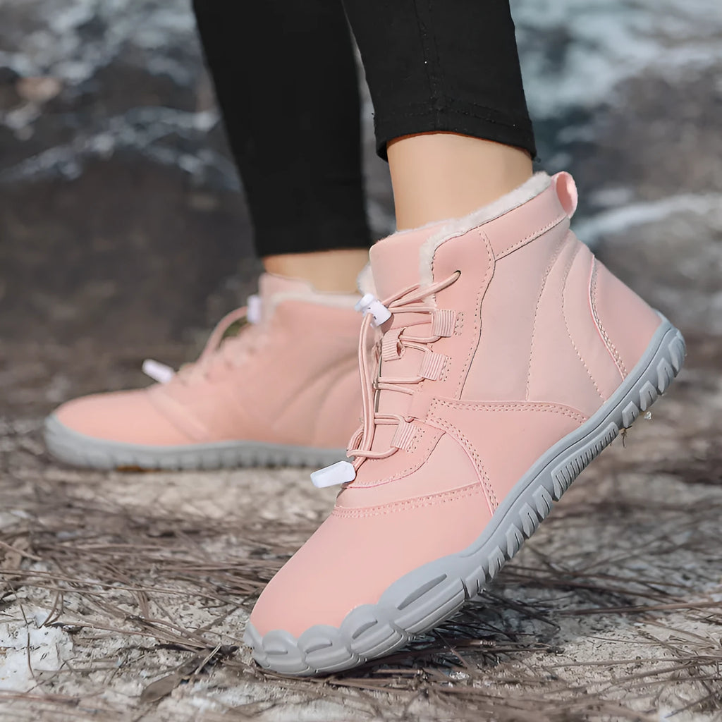 Waterproof unisex snow boots with fleece lining and non-slip rubber soles in black, pink, or khaki.