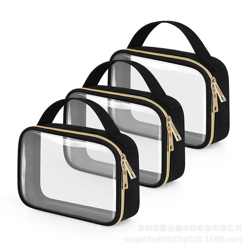 Transparent PVC makeup wash bag with a metal chain, showing various colour options.
