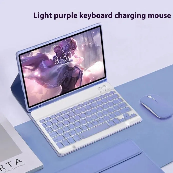 Samsung Galaxy tablet in a TPU keyboard case with a Bluetooth charging mouse, shown in Elegant Pink colour.