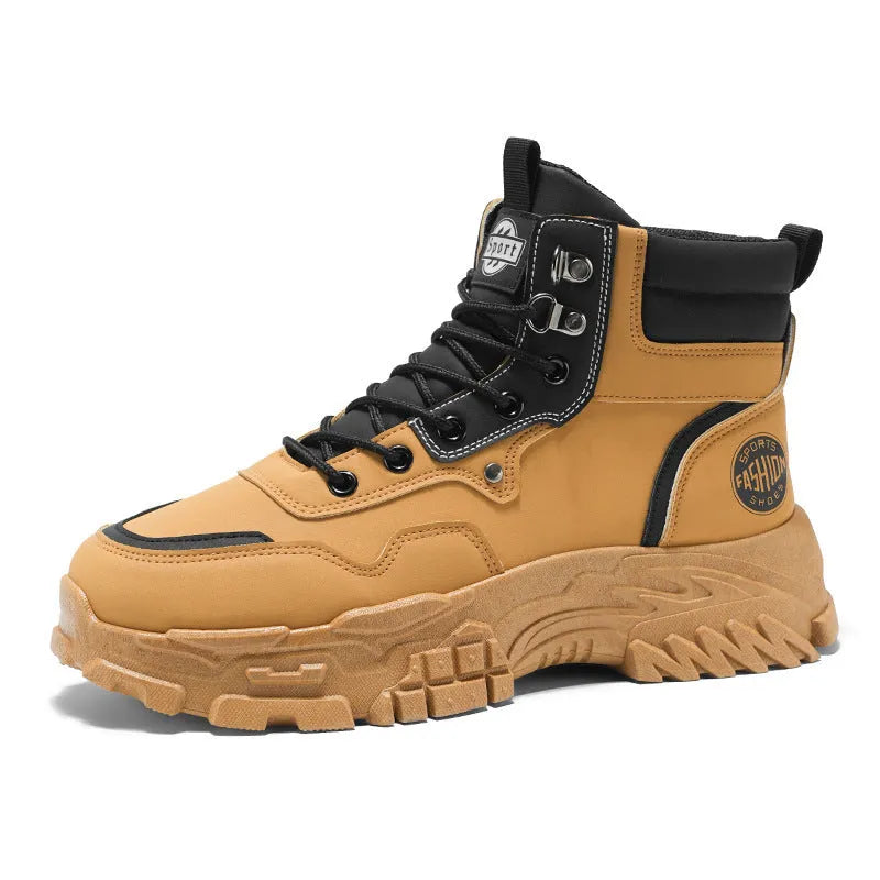 Men's black Martin boots with artificial PU upper and injection moulded sole, high-top design